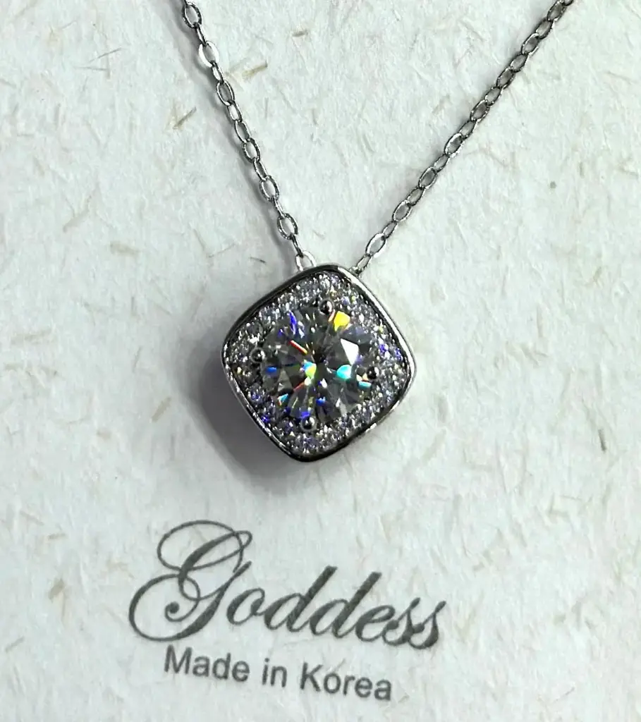 NL082 - 925 Sterling Silver Moissanite Cushion Halo Pendant Necklace