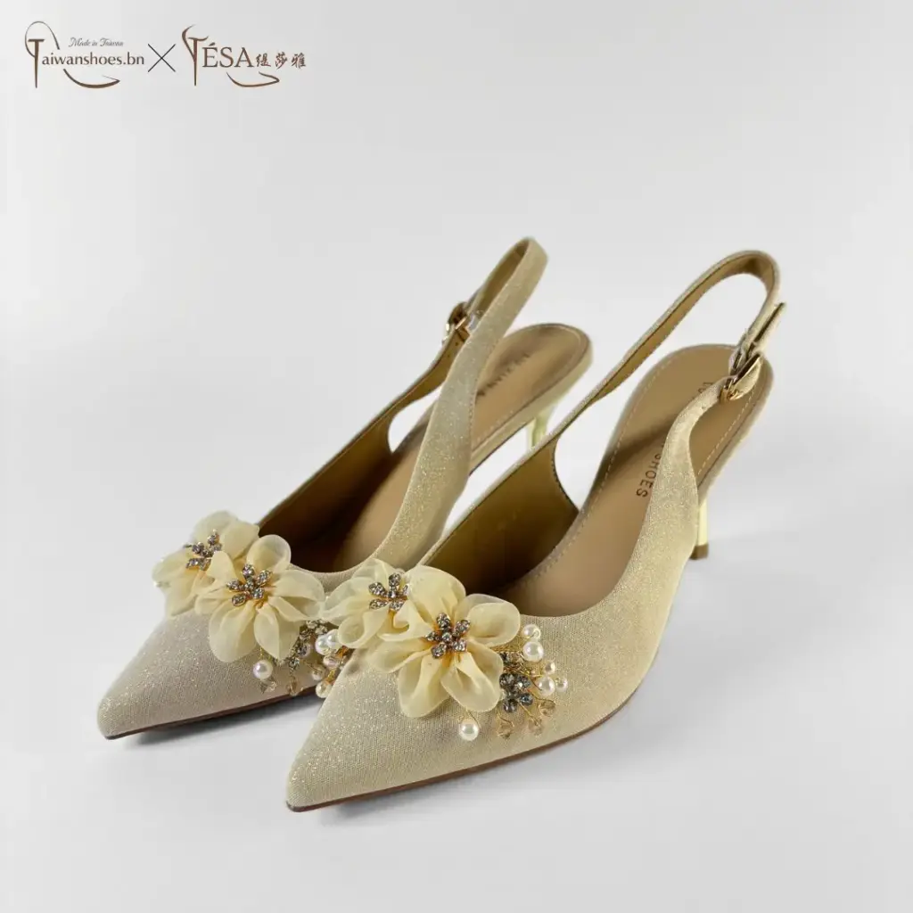 SLL008 - Floral Embellished Slingback Heels (Gold, 36)