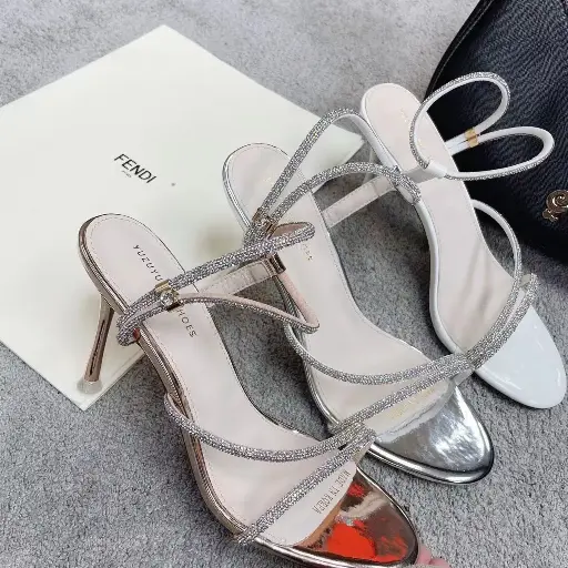 YU1 - Rhinestone-Strap Metallic Heels