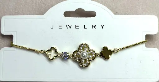 BR064 - Stainless Steel Clover Charm Bracelet with Pearl and Crystal Accents
